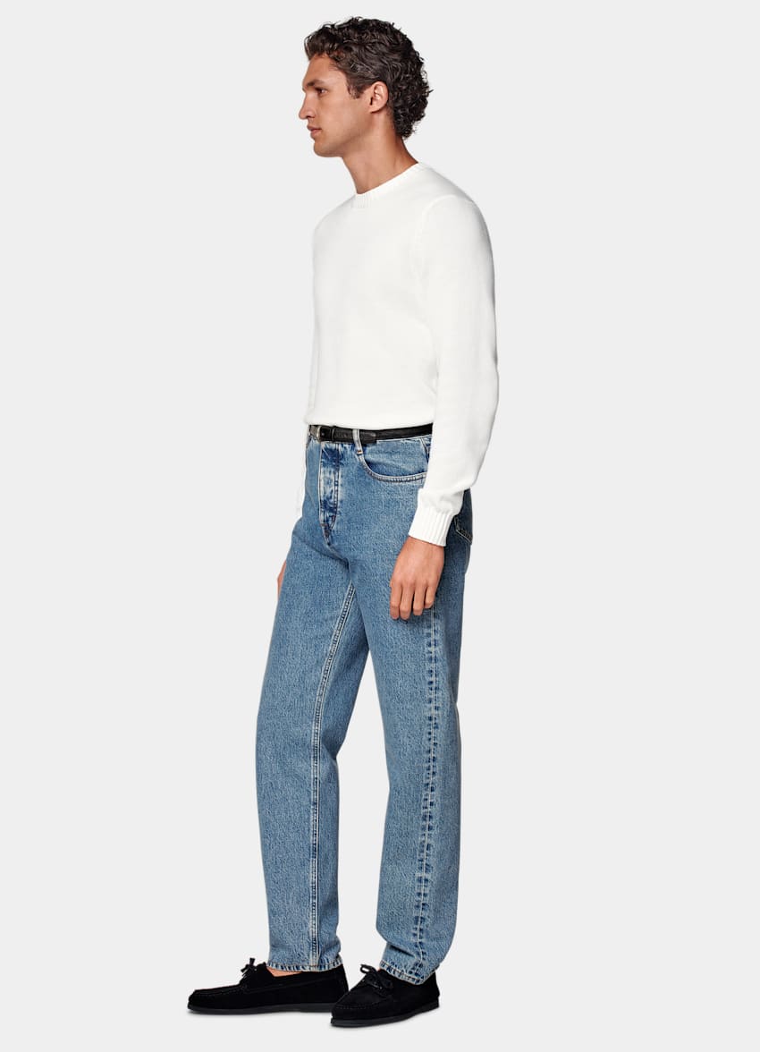 SUITSUPPLY All Season Selvedge Denim by Candiani, Italy Mid Blue Washed Straight Leg Jeans