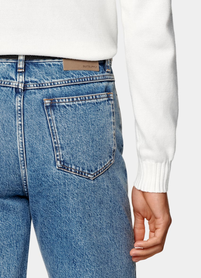 SUITSUPPLY All Season Selvedge Denim by Candiani, Italy Mid Blue Washed Straight Leg Jeans