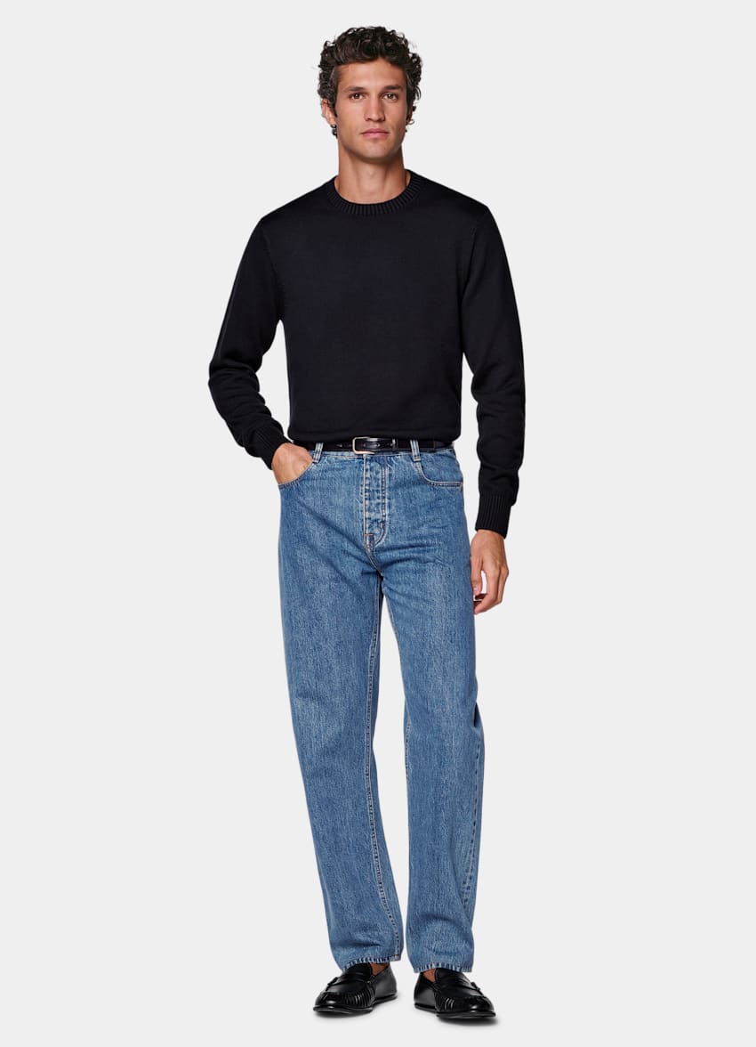 SUITSUPPLY All Season Pure Cotton by Candiani, Italy Mid Blue Straight Leg Tapered Jeans