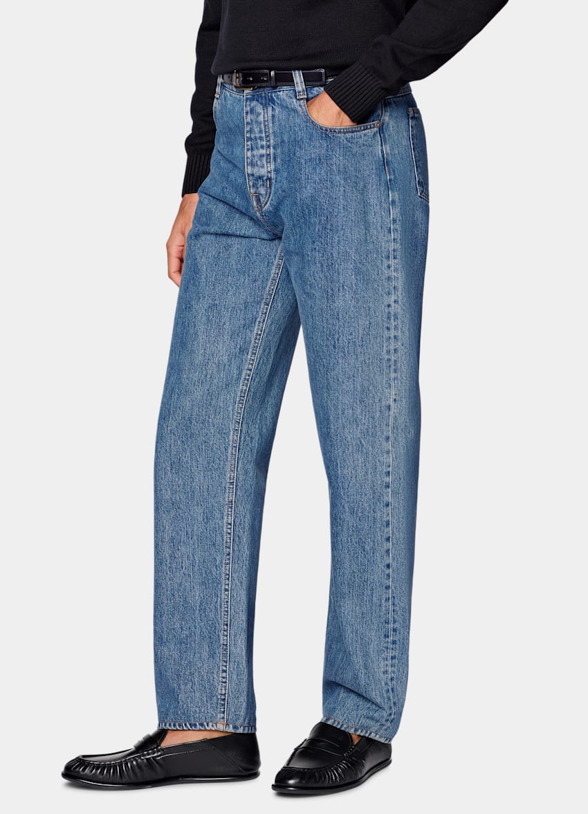 SUITSUPPLY All Season Pure Cotton by Candiani, Italy Mid Blue Straight Leg Tapered Jeans