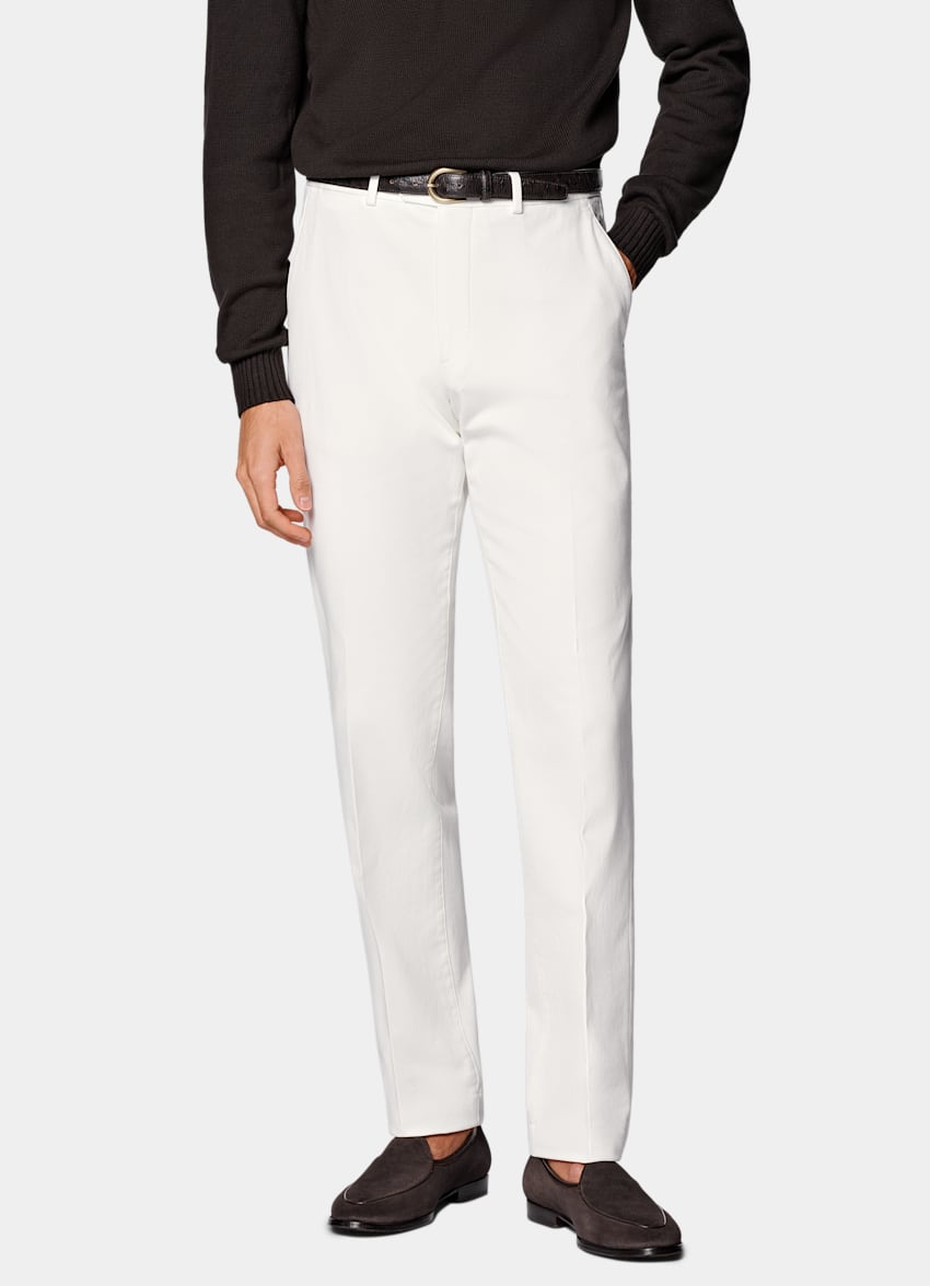 SUITSUPPLY All Season Stretch Cotton by Cervotessile, Italy Off-White Slim Leg Straight Chinos