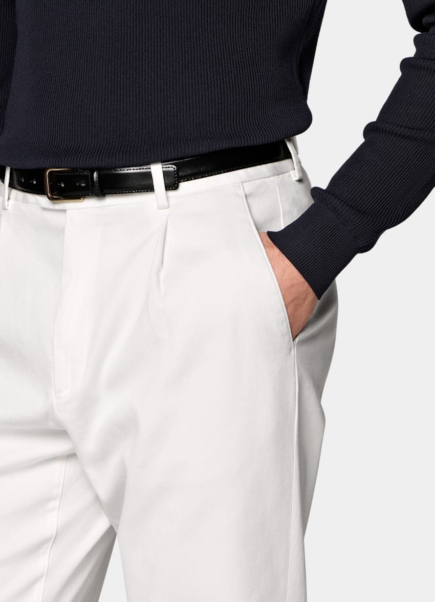 SUITSUPPLY All Season Stretch Cotton by Cervotessile, Italy Off-White Wide Leg Tapered Chinos