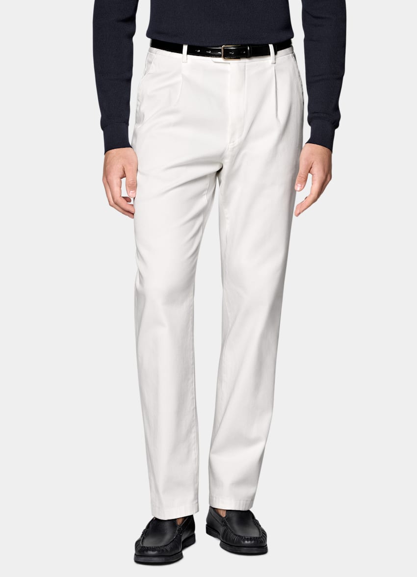 SUITSUPPLY All Season Stretch Cotton by Cervotessile, Italy Off-White Wide Leg Tapered Chinos