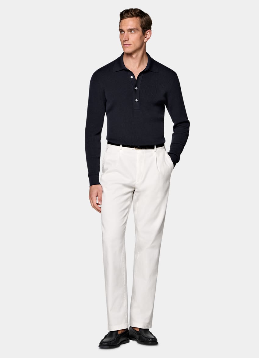 SUITSUPPLY All Season Stretch Cotton by Cervotessile, Italy Off-White Wide Leg Tapered Chinos