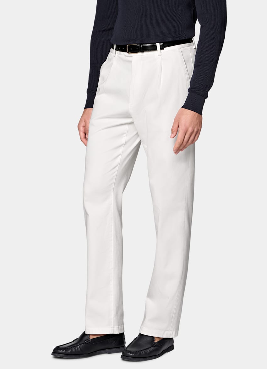 SUITSUPPLY All Season Stretch Cotton by Cervotessile, Italy Off-White Wide Leg Tapered Chinos