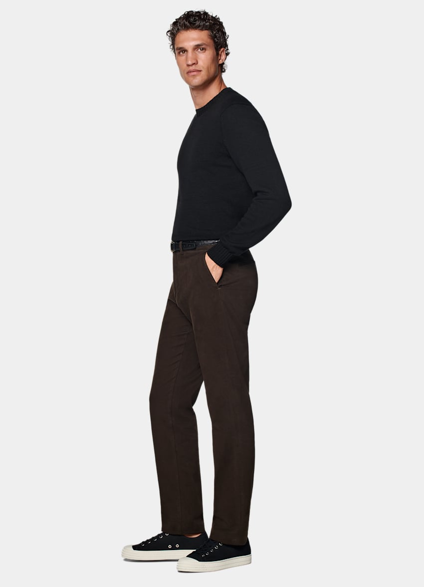 SUITSUPPLY All Season Stretch Cotton by Cervotessile, Italy Dark Brown Slim Leg Straight Chinos