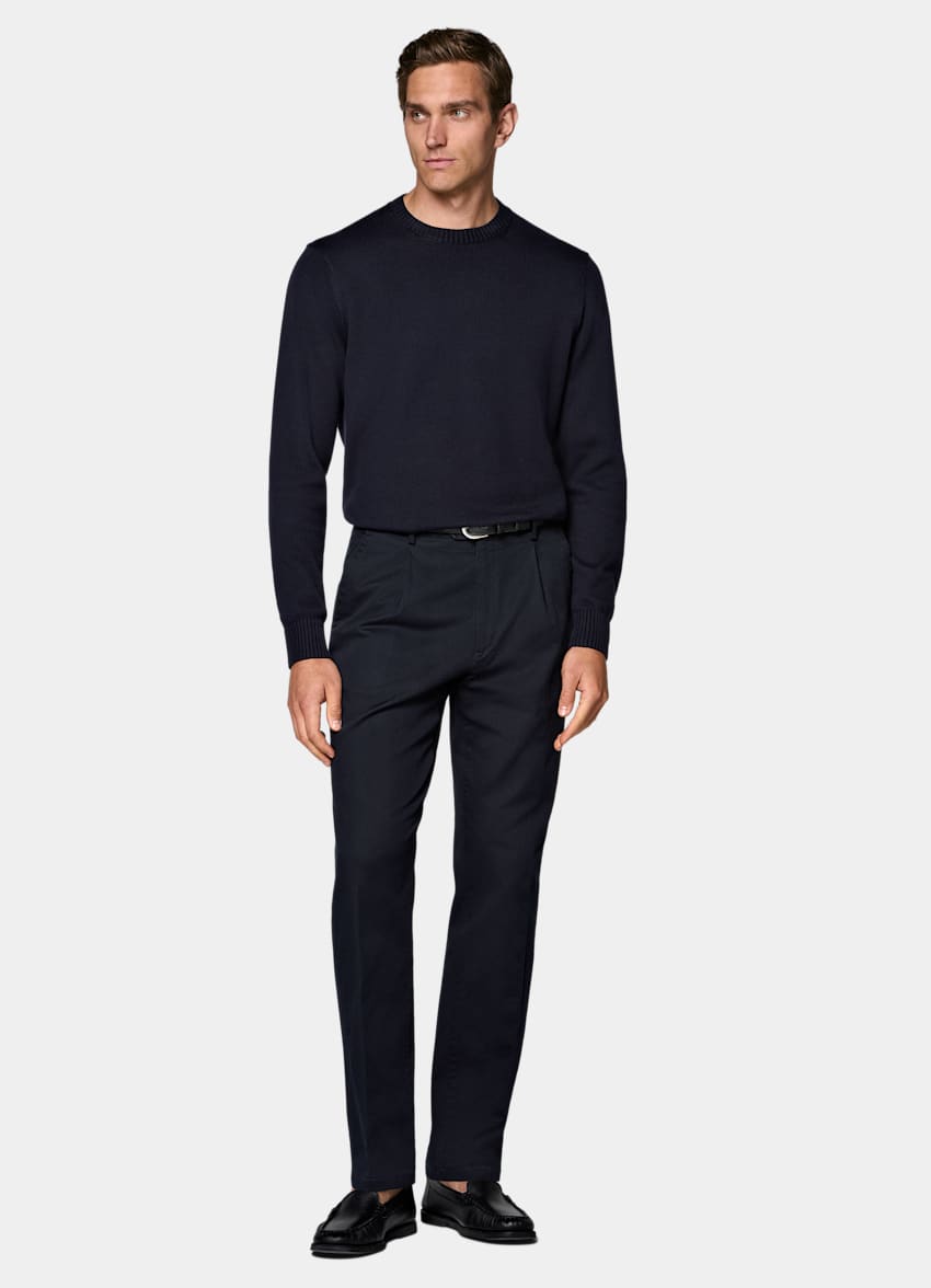 SUITSUPPLY All Season Stretch Cotton by Cervotessile, Italy Navy Wide Leg Tapered Chinos