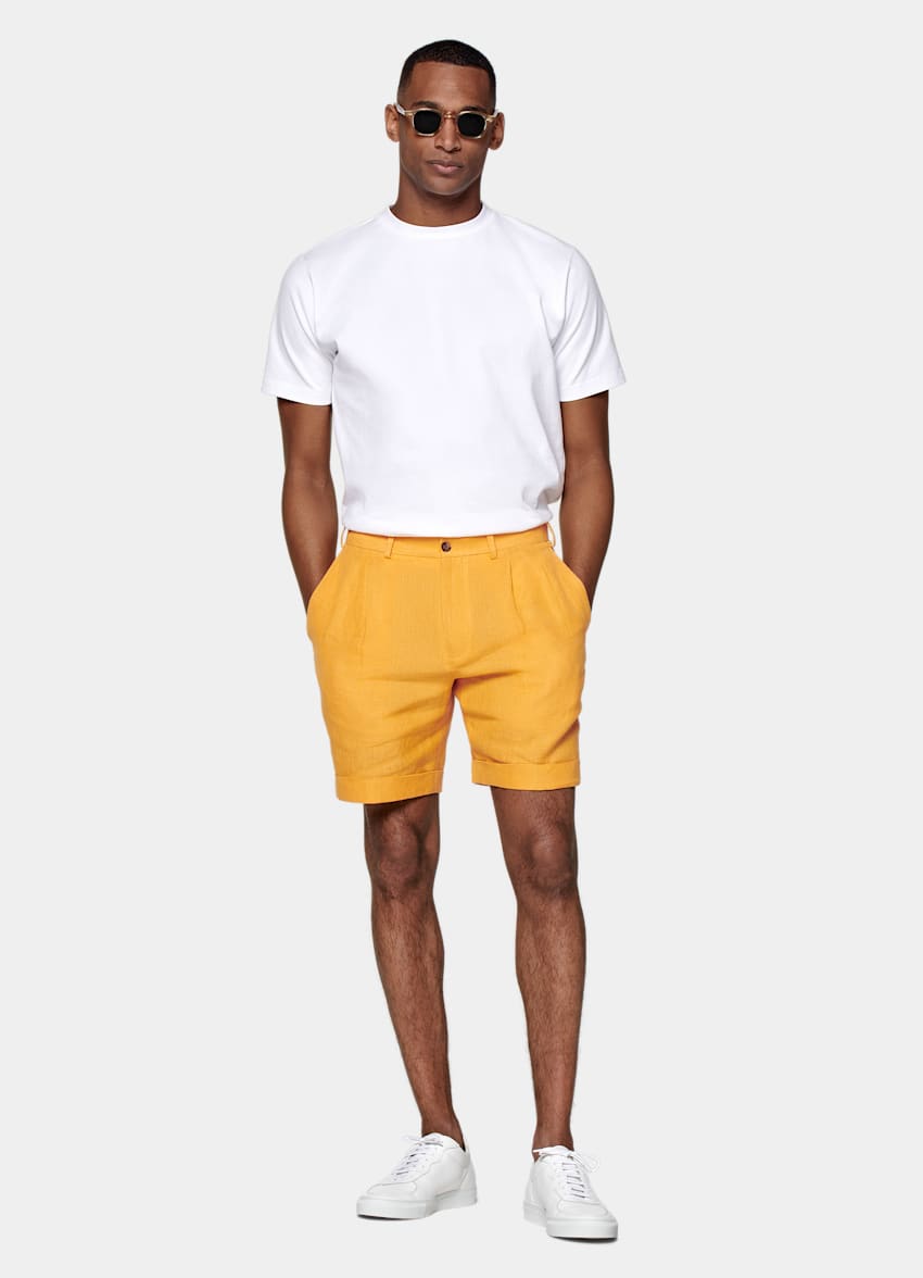 SUITSUPPLY Pure Linen by Rogna, Italy Yellow Pleated Bosa Shorts