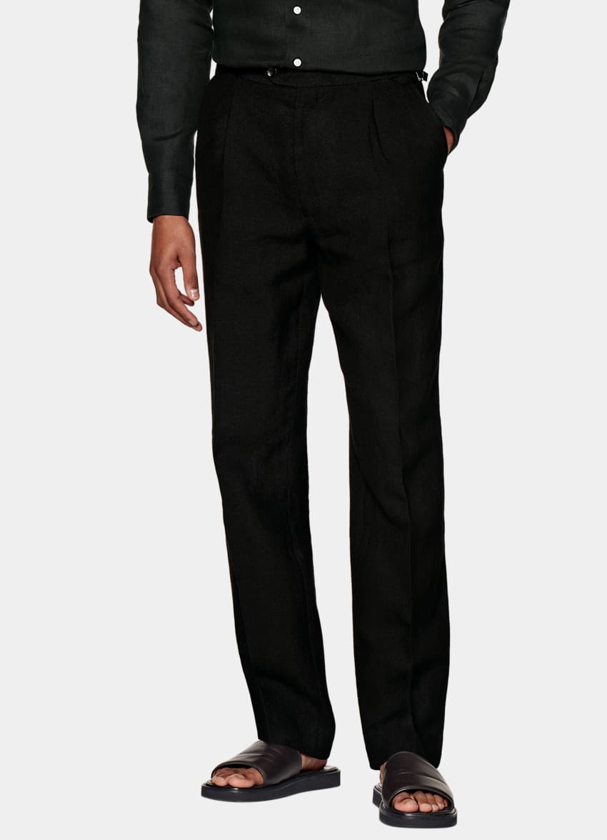 SUITSUPPLY Pure Linen by Rogna, Italy Black Pleated Duca Trousers
