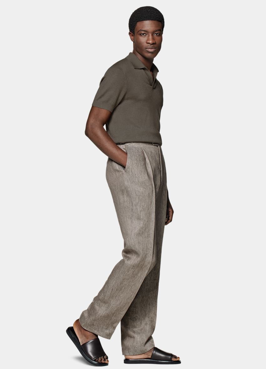 SUITSUPPLY Pure Linen by Solbiati, Italy Taupe Pleated Duca Trousers