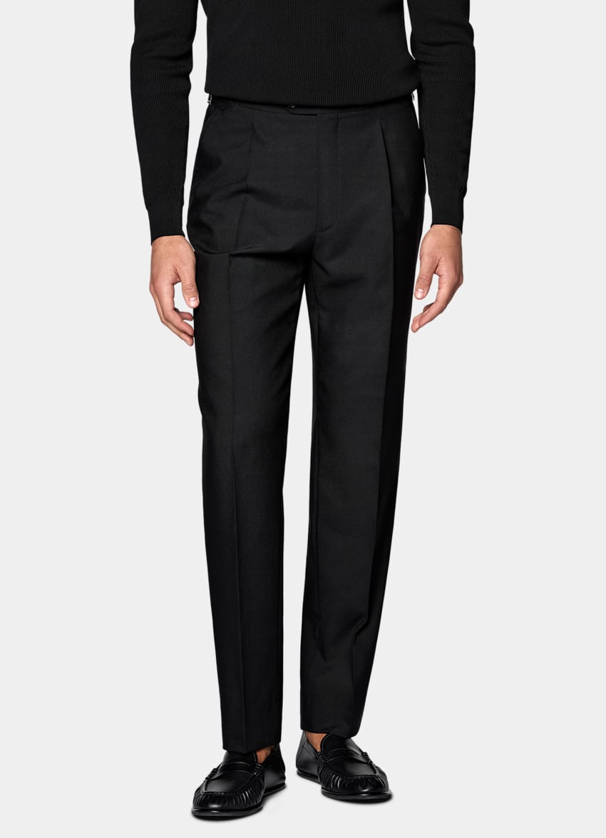 SUITSUPPLY All Season Lana de 4 cabos sin arrugas de Rogna, Italia Pantal&oacute;n de traje Black Wide Leg Tapered