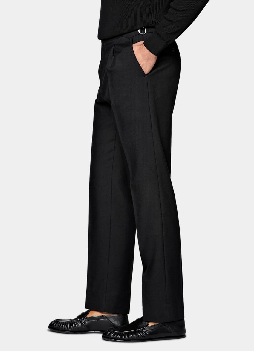 SUITSUPPLY All Season Lana de 4 cabos sin arrugas de Rogna, Italia Pantal&oacute;n de traje Black Wide Leg Tapered