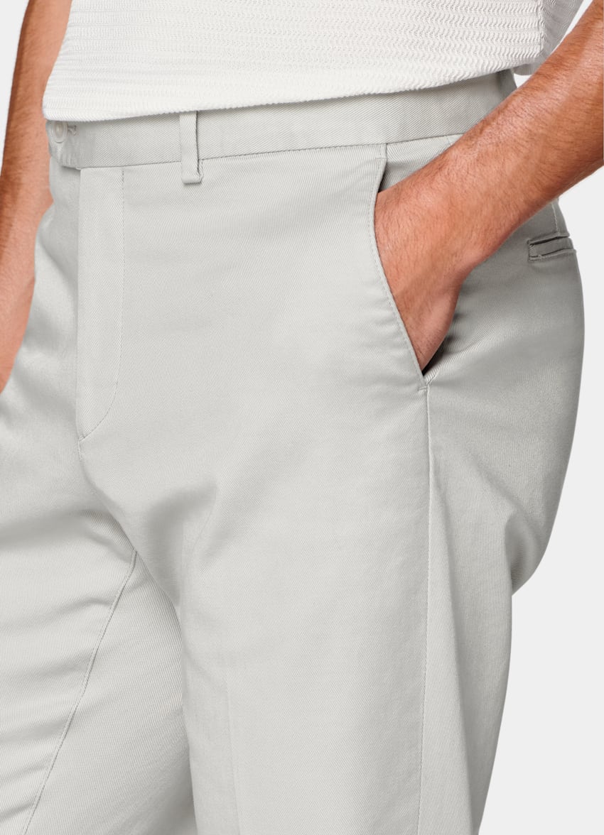 SUITSUPPLY All Season Stretch Cotton by Cervotessile, Italy Light Grey Slim Leg Straight Chinos