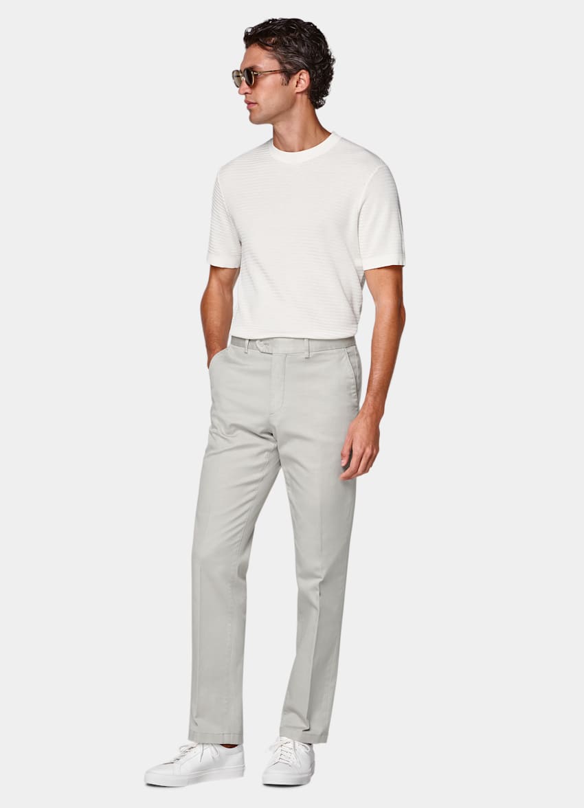 SUITSUPPLY All Season Stretch Cotton by Cervotessile, Italy Light Grey Slim Leg Straight Chinos