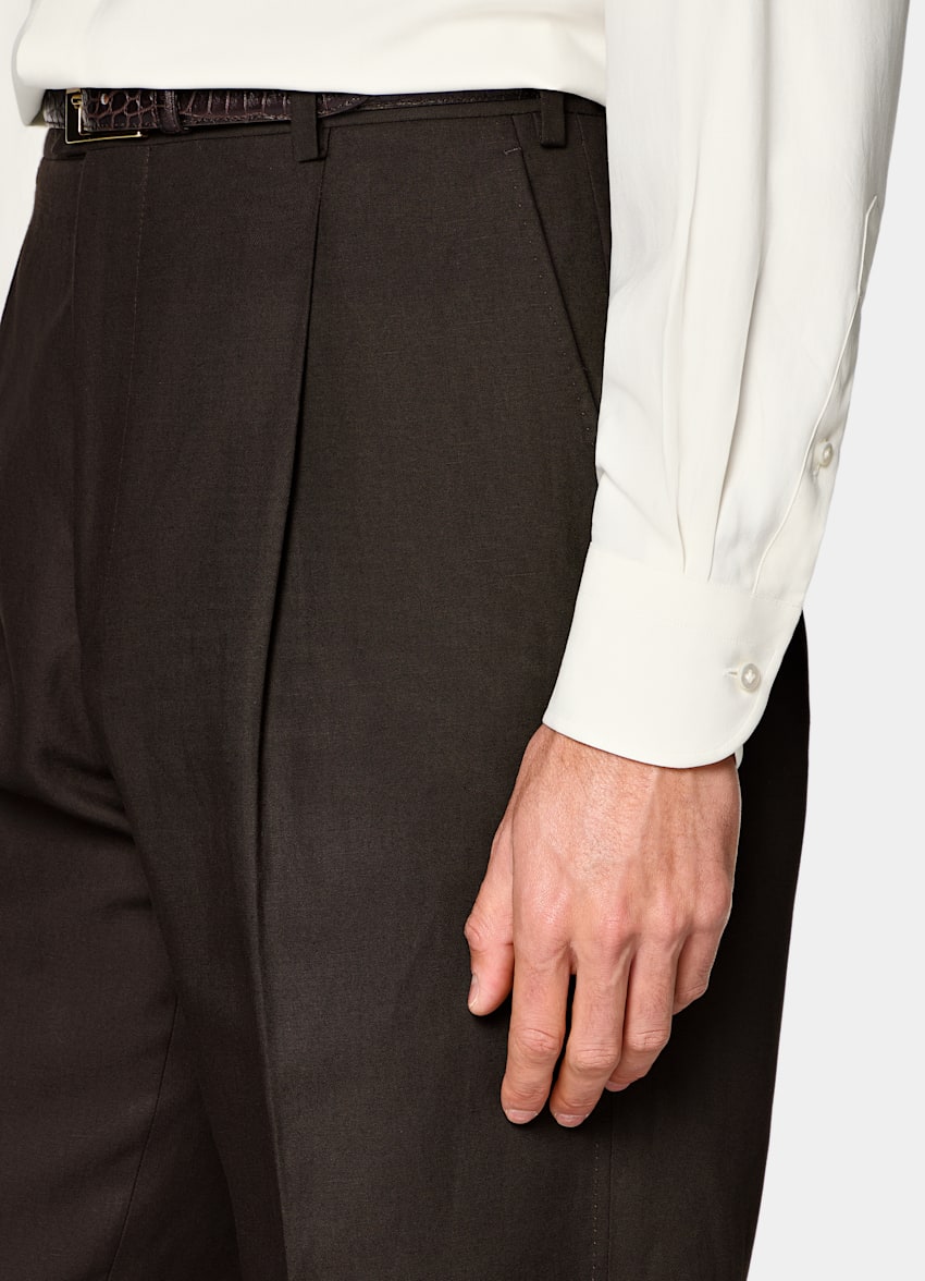 SUITSUPPLY Summer Lyocell Linen Cotton by Di Sondrio, Italy Dark Brown Wide Leg Straight Trousers