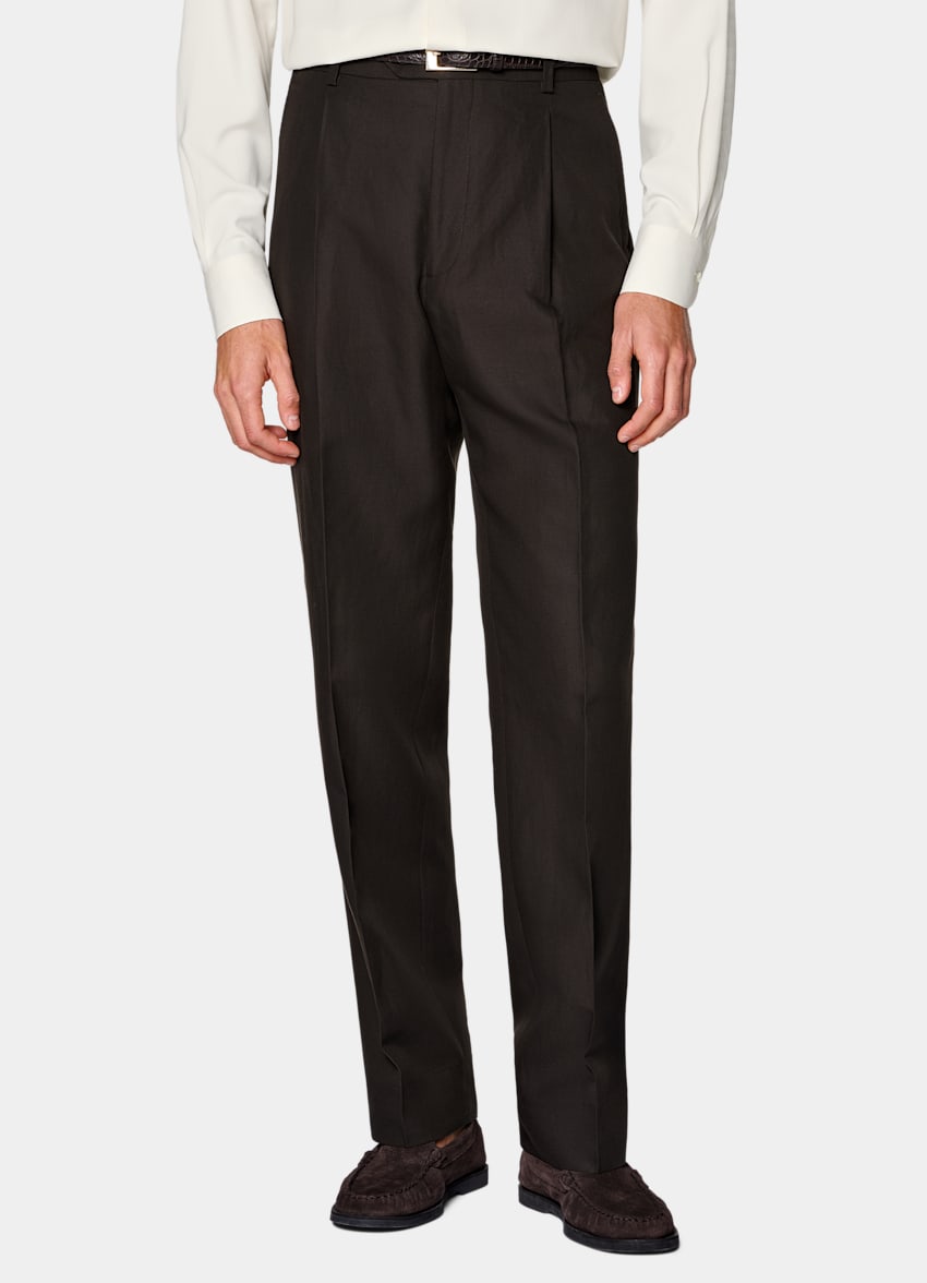 SUITSUPPLY Summer Lyocell Linen Cotton by Di Sondrio, Italy Dark Brown Wide Leg Straight Trousers