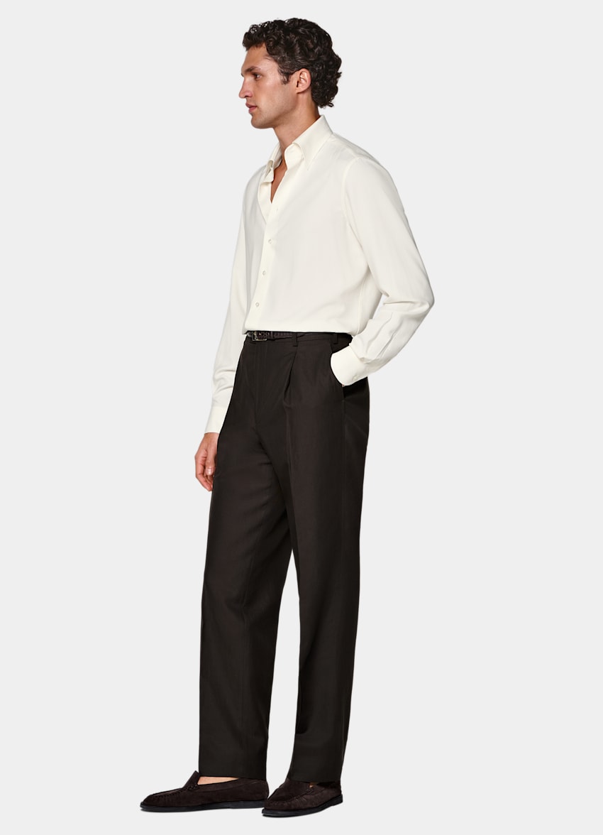 SUITSUPPLY Summer Lyocell Linen Cotton by Di Sondrio, Italy Dark Brown Wide Leg Straight Trousers