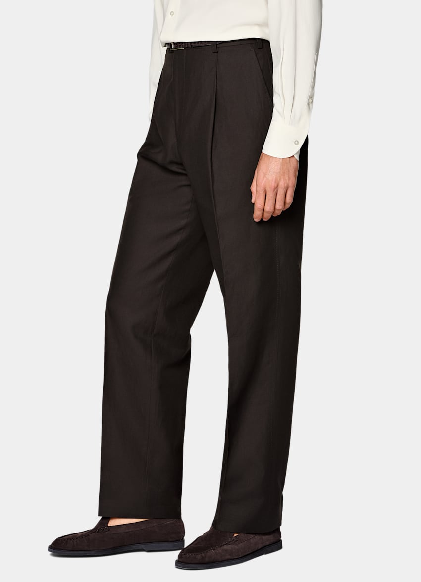 SUITSUPPLY Summer Lyocell Linen Cotton by Di Sondrio, Italy Dark Brown Wide Leg Straight Trousers
