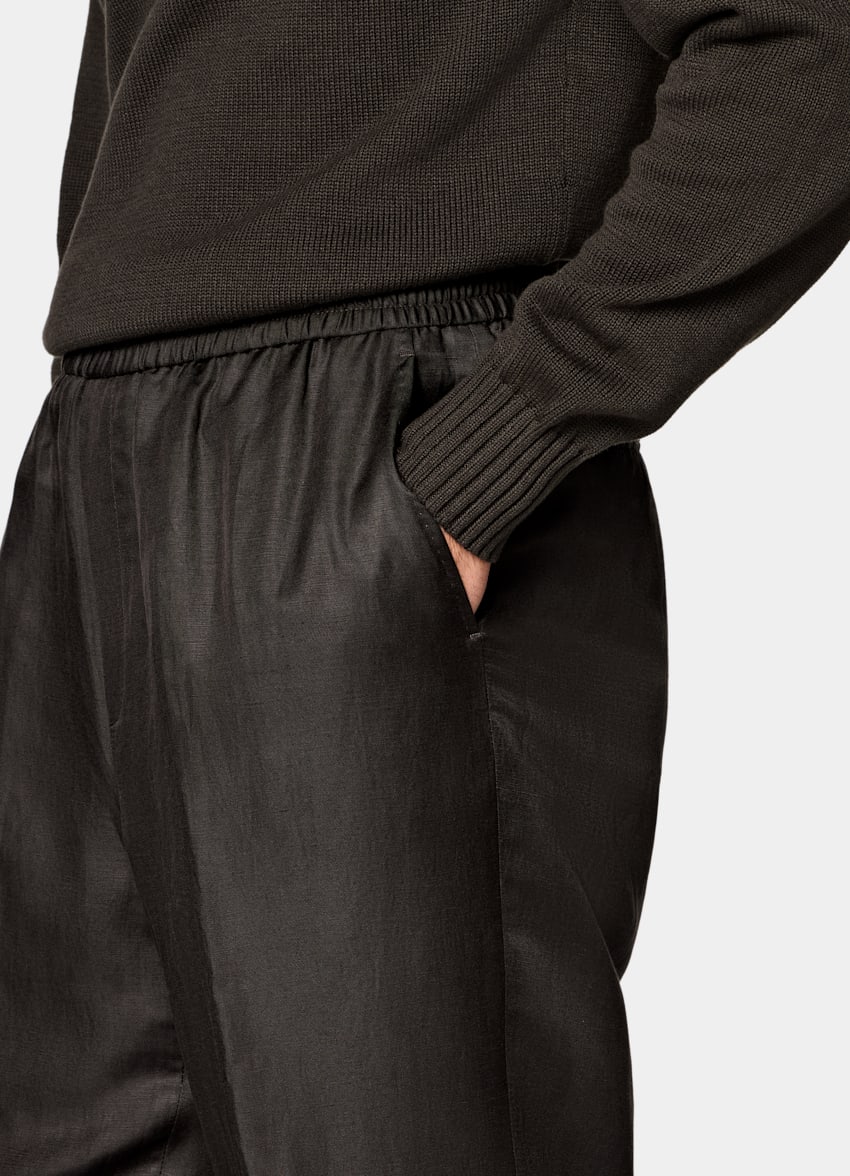 SUITSUPPLY Summer Linen Silk by Beste, Italy Dark Brown Wide Leg Straight Trousers