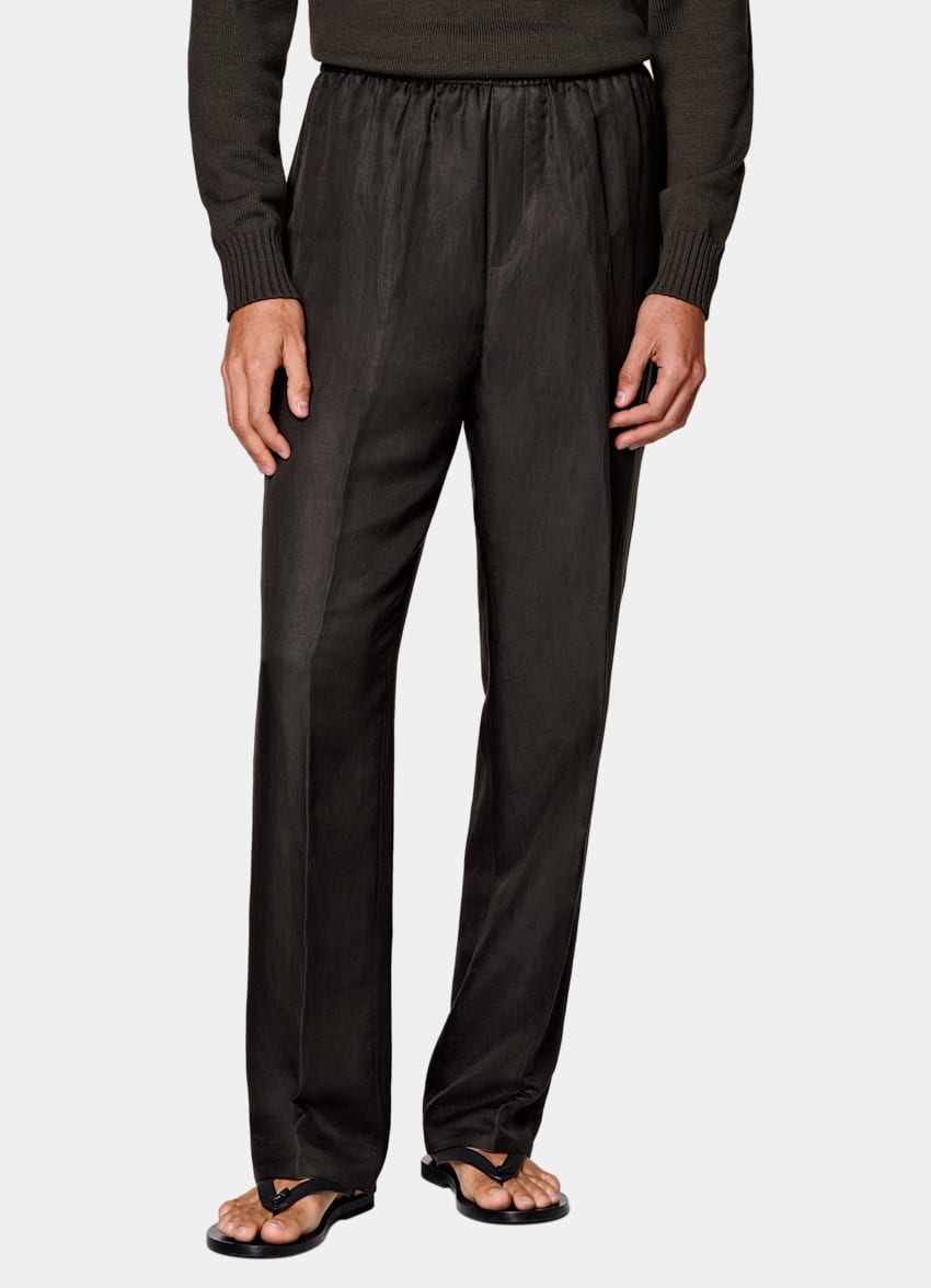 SUITSUPPLY Summer Linen Silk by Beste, Italy Dark Brown Wide Leg Straight Trousers