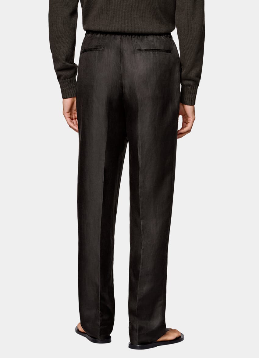 SUITSUPPLY Summer Linen Silk by Beste, Italy Dark Brown Wide Leg Straight Trousers