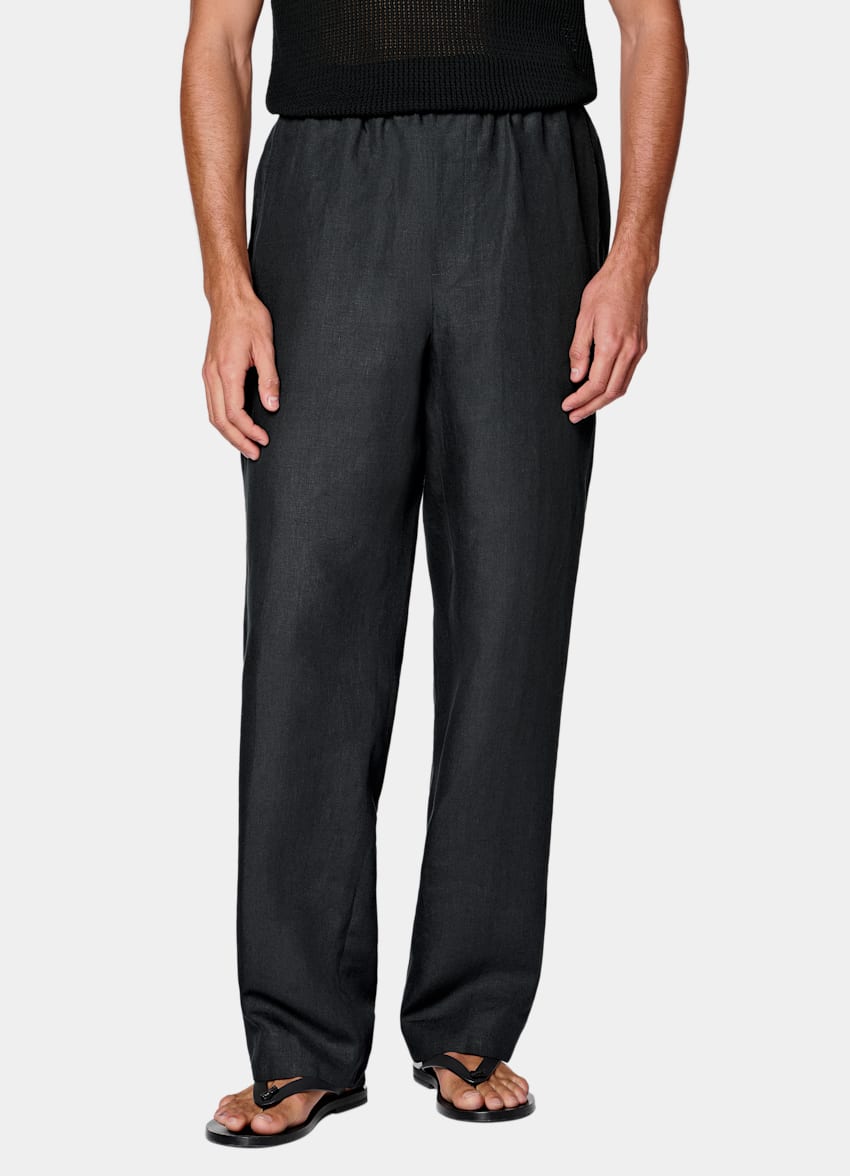 SUITSUPPLY Summer Pure Linen par Di Sondrio, Italie Black Wide Leg Straight Trousers