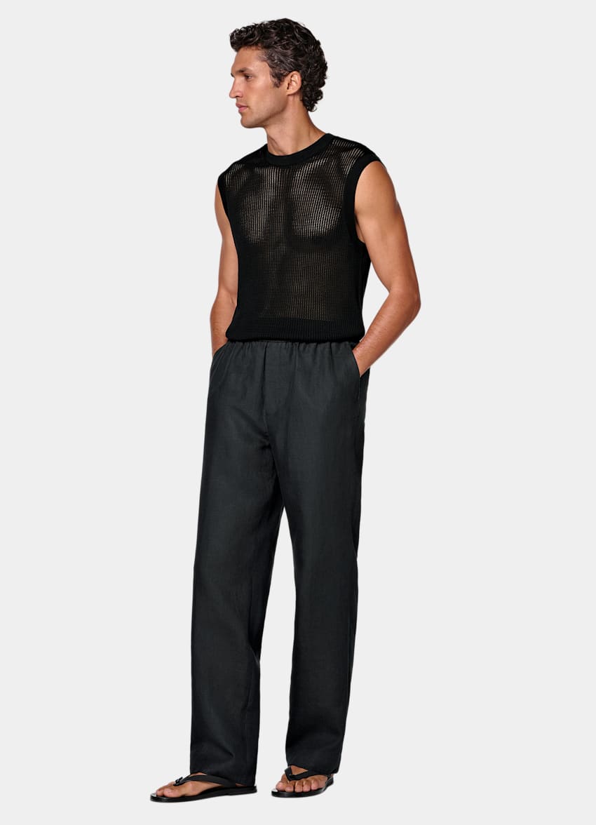 SUITSUPPLY Summer Pure Linen par Di Sondrio, Italie Black Wide Leg Straight Trousers