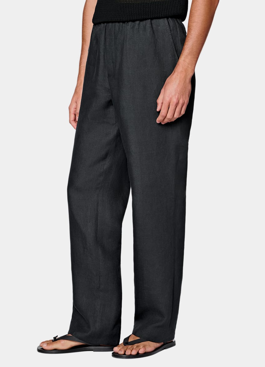 SUITSUPPLY Summer Pure Linen par Di Sondrio, Italie Black Wide Leg Straight Trousers