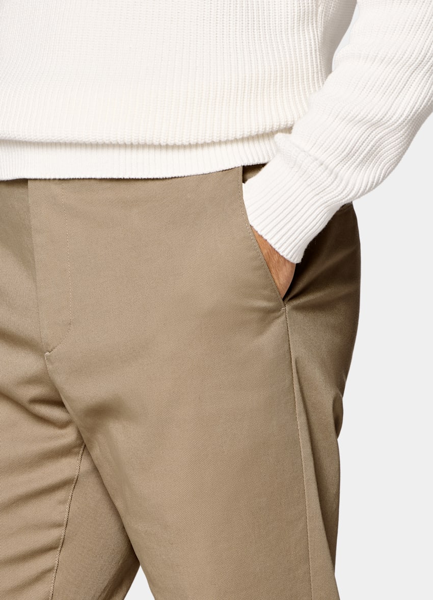 SUITSUPPLY All Season Stretch Cotton by Cervotessile, Italy Light Brown Slim Leg Straight Chinos