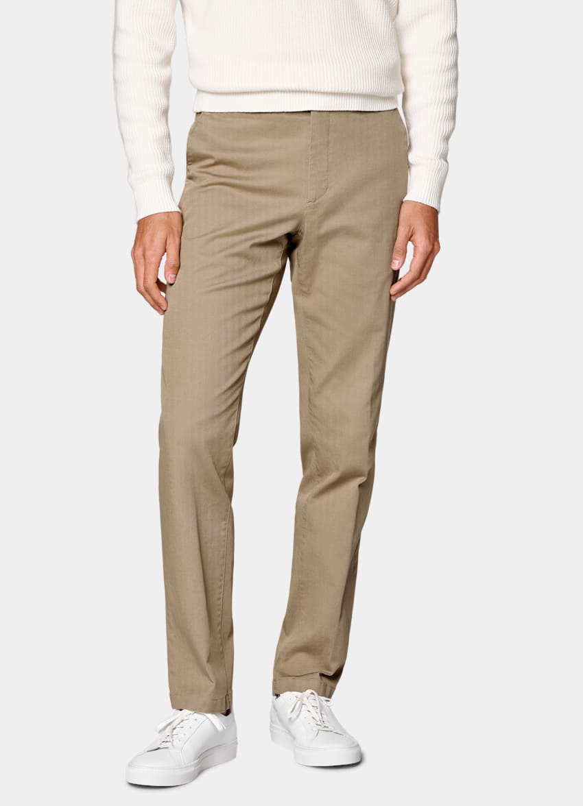 SUITSUPPLY All Season Stretch Cotton by Cervotessile, Italy Light Brown Slim Leg Straight Chinos