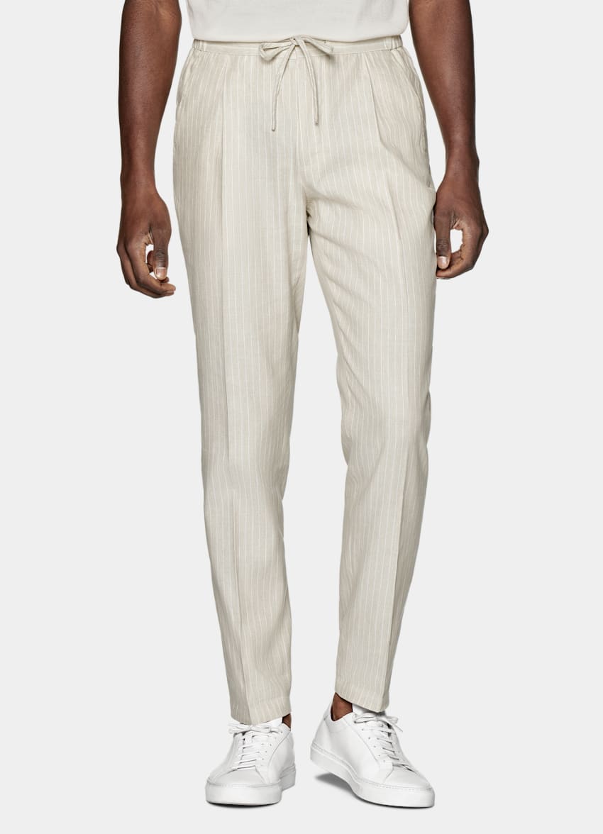 SUITSUPPLY Linen Cotton by Di Sondrio, Italy Sand Striped Drawstring Ames Trousers