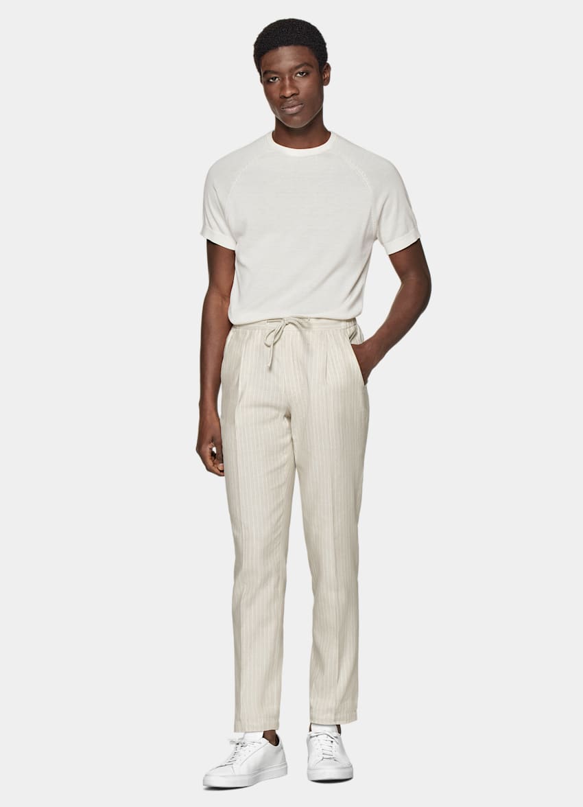 SUITSUPPLY Linen Cotton by Di Sondrio, Italy Sand Striped Drawstring Ames Trousers