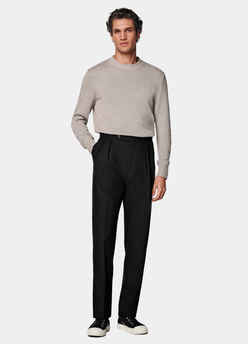 SUITSUPPLY All Season Wrinkle-Free 4-Ply Wool by Rogna, Italy  Black Wide Leg Tapered Pants