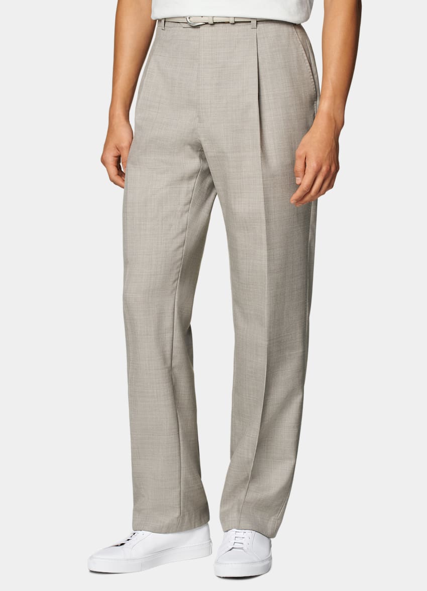 SUITSUPPLY Summer Pure S110's Wool by Vitale Barberis Canonico, Italy Light Taupe Wide Leg Straight Trousers