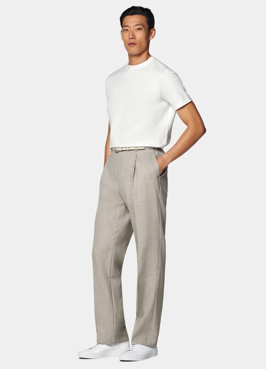 SUITSUPPLY Pure S110's Wool by Vitale Barberis Canonico, Italy  Light Taupe Wide Leg Straight Duca Pants