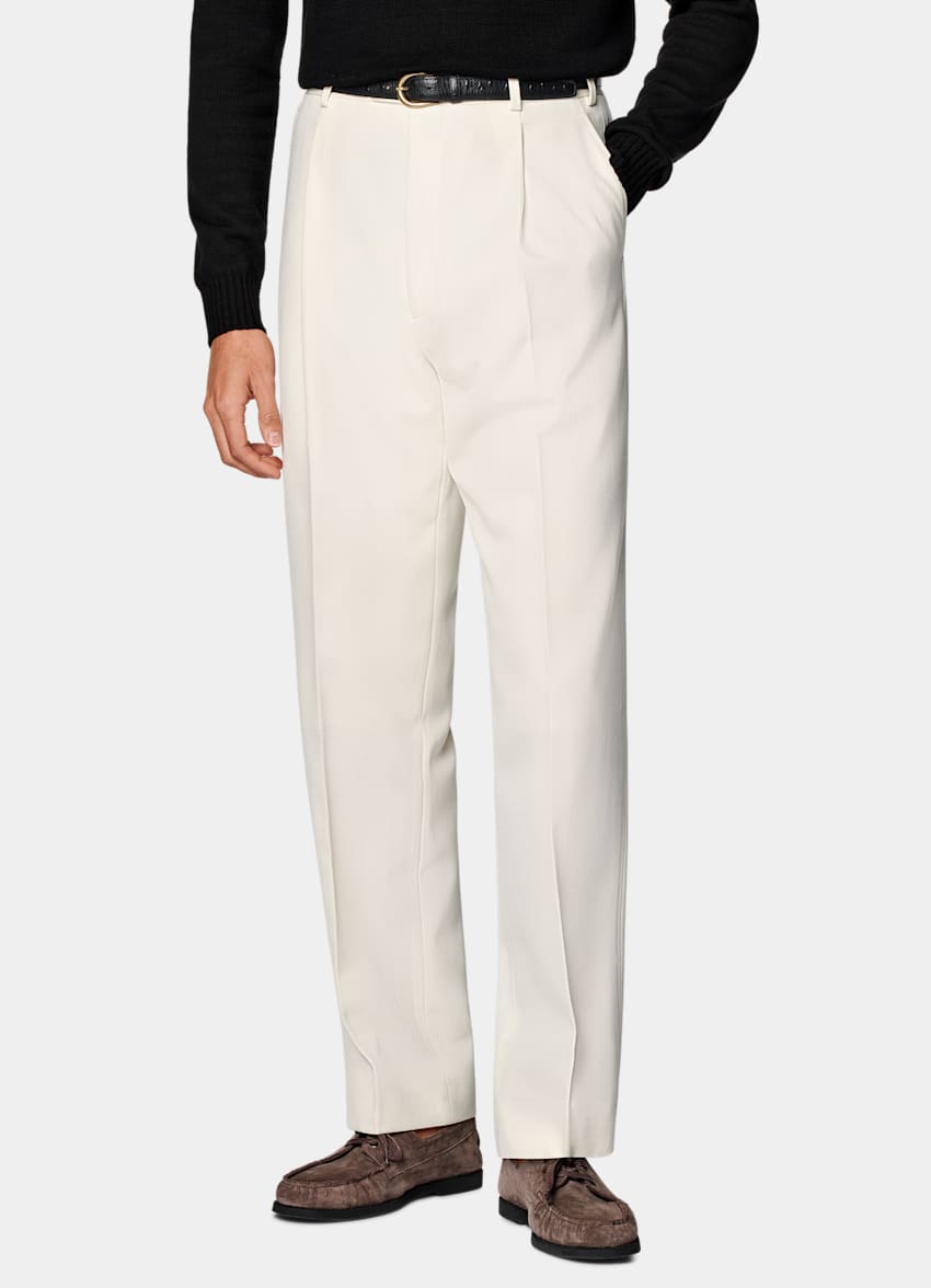 SUITSUPPLY All Season Pure Wool by Rogna, Italy Off-White Wide Leg Straight Trousers