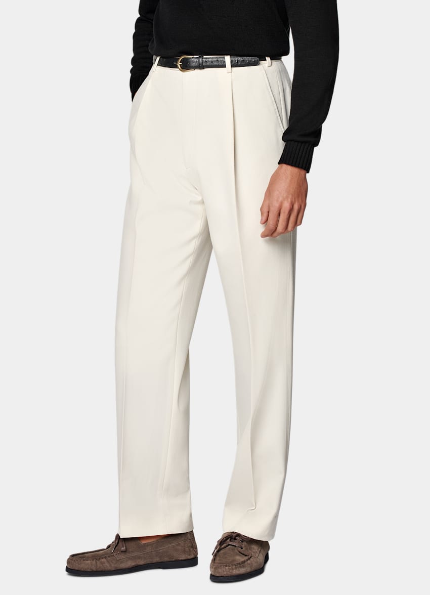 SUITSUPPLY All Season Pure Wool by Rogna, Italy Off-White Wide Leg Straight Trousers