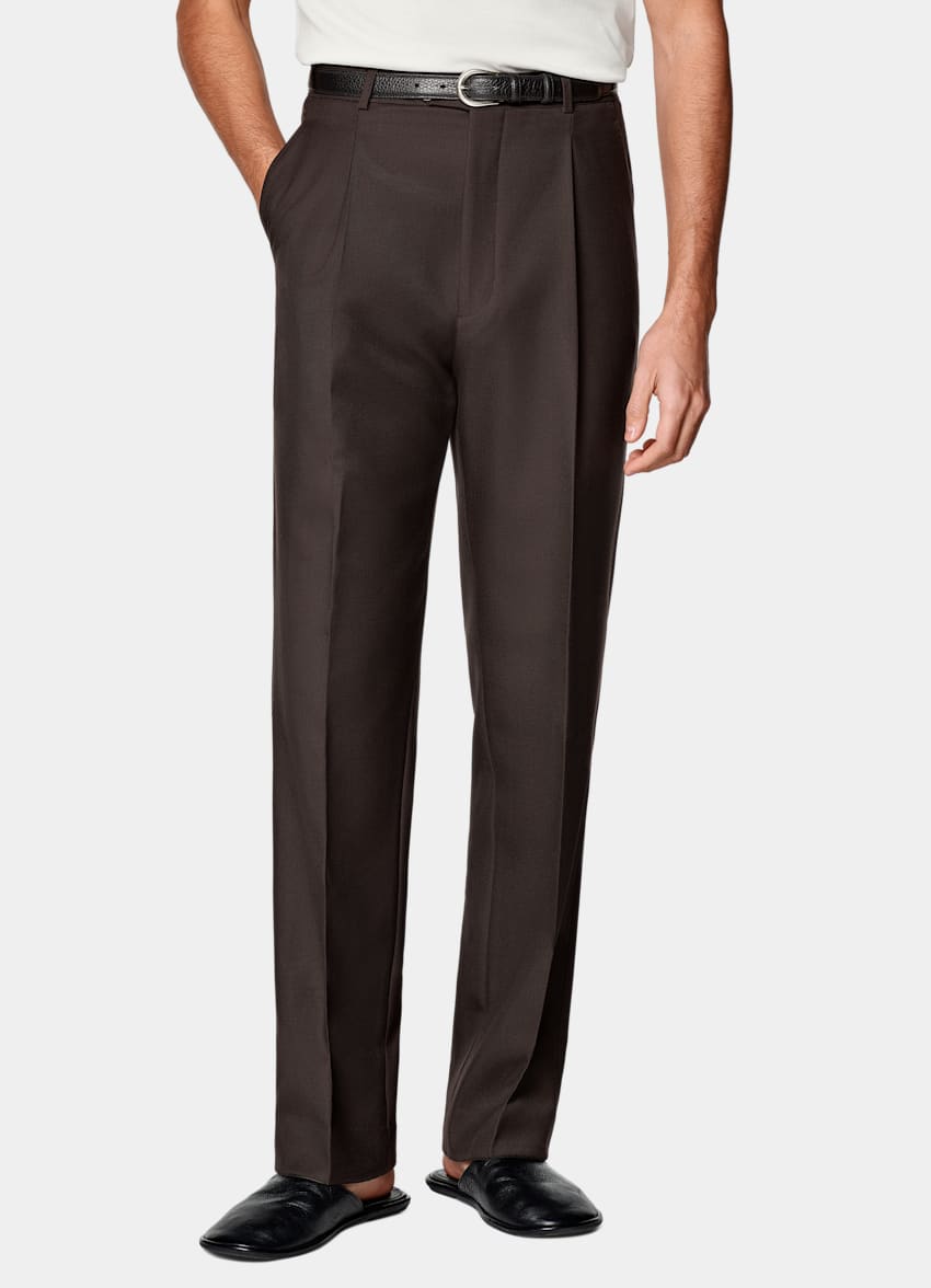 Dark Brown Wide Leg Straight Trousers in Pure Wool
