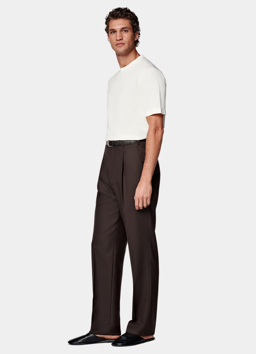SUITSUPPLY All Season Pure Wool by Vitale Barberis Canonico, Italy Dark Brown Wide Leg Straight Trousers