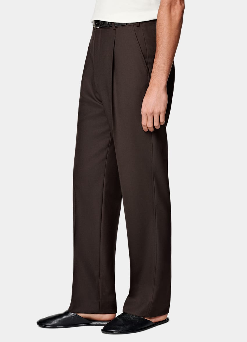 SUITSUPPLY All Season Pure Wool by Vitale Barberis Canonico, Italy Dark Brown Wide Leg Straight Trousers