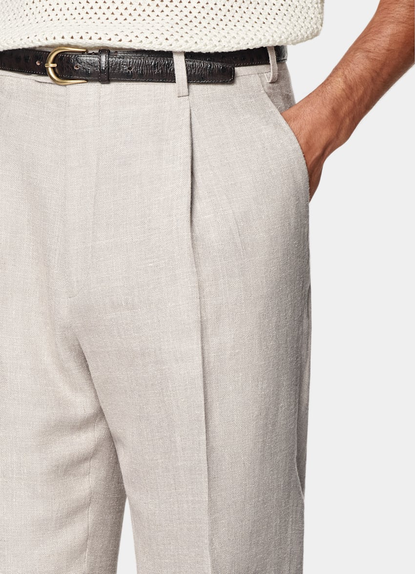 SUITSUPPLY All Season Silk Linen Wool by E.Thomas, Italy Light Taupe Wide Leg Straight Trousers
