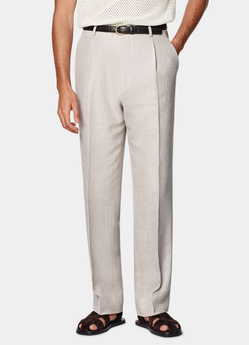 SUITSUPPLY All Season Silk Linen Wool by E.Thomas, Italy Light Taupe Wide Leg Straight Trousers
