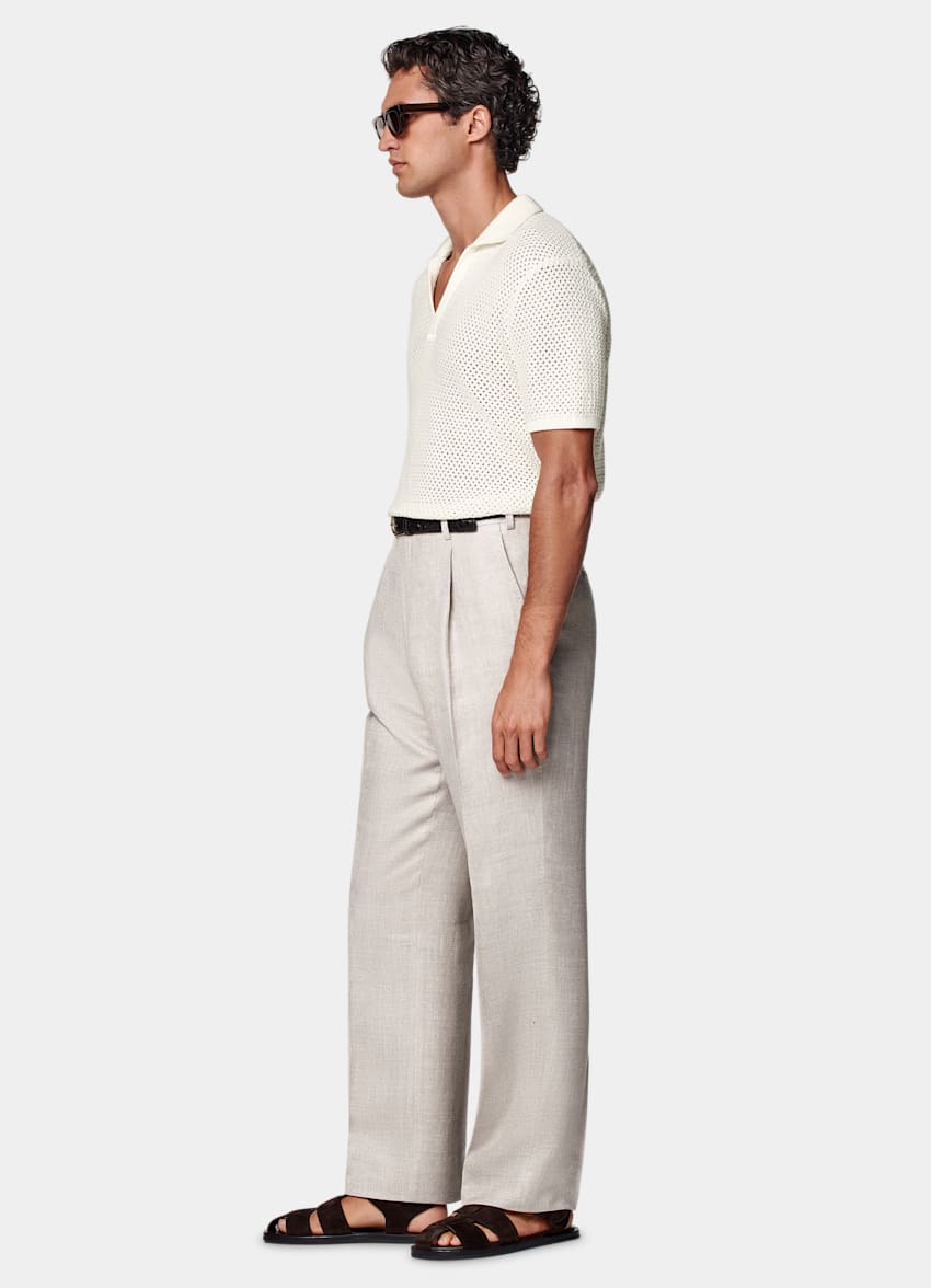 SUITSUPPLY All Season Silk Linen Wool by E.Thomas, Italy Light Taupe Wide Leg Straight Trousers