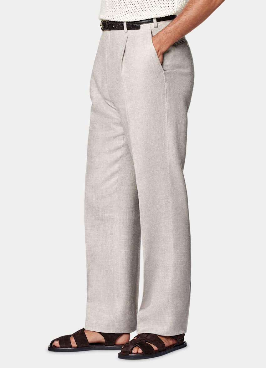 SUITSUPPLY All Season Silk Linen Wool by E.Thomas, Italy Light Taupe Wide Leg Straight Trousers