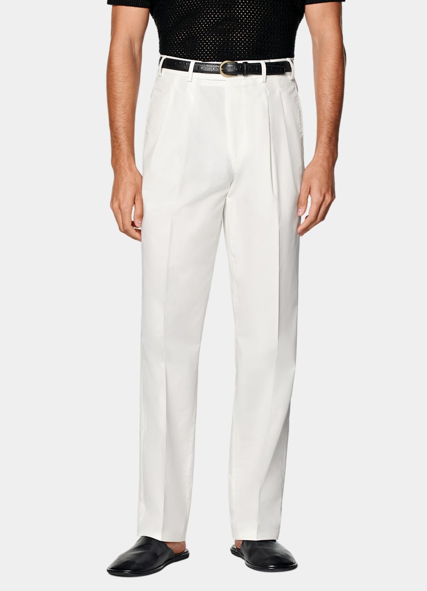 SUITSUPPLY All Season Pure Cotton by Di Sondrio, Italy Off-White Wide Leg Straight Chinos