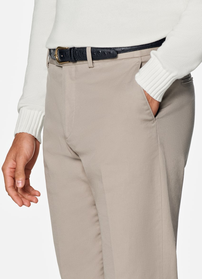 SUITSUPPLY All Season Stretch Cotton by Cervotessile, Italy Taupe Slim Leg Straight Chinos
