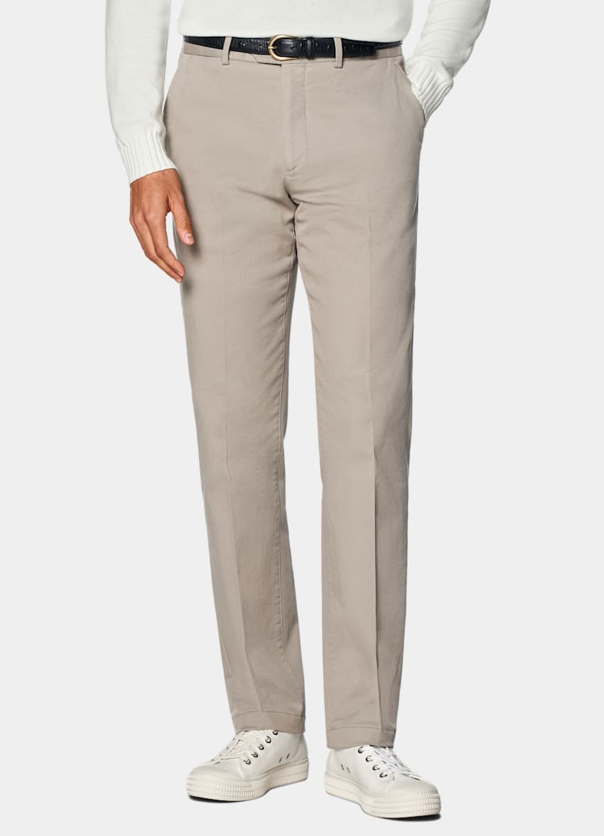 SUITSUPPLY All Season Stretch Cotton by Cervotessile, Italy Taupe Slim Leg Straight Chinos