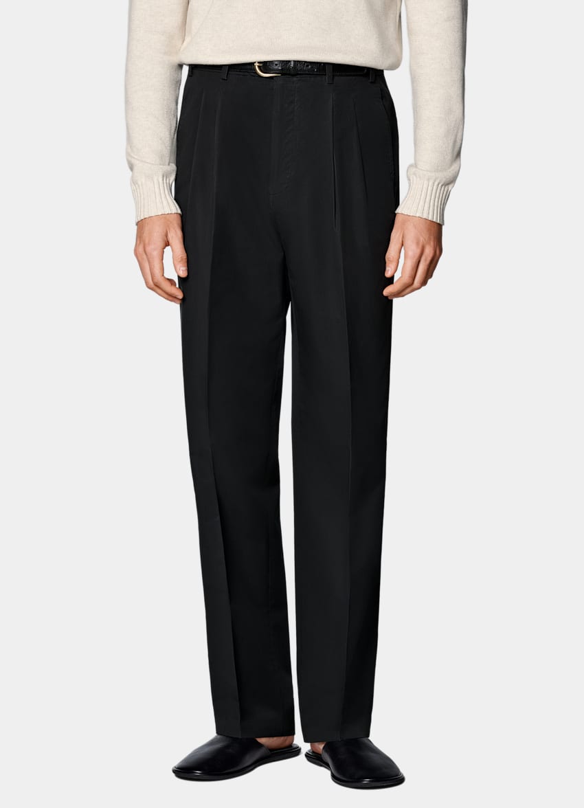 SUITSUPPLY Summer Pure Cotton by Di Sondrio, Italy Black Wide Leg Straight Chinos