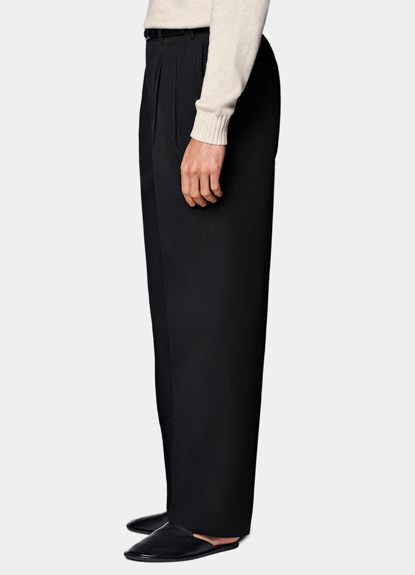 SUITSUPPLY Summer Pure Cotton by Di Sondrio, Italy Black Wide Leg Straight Chinos