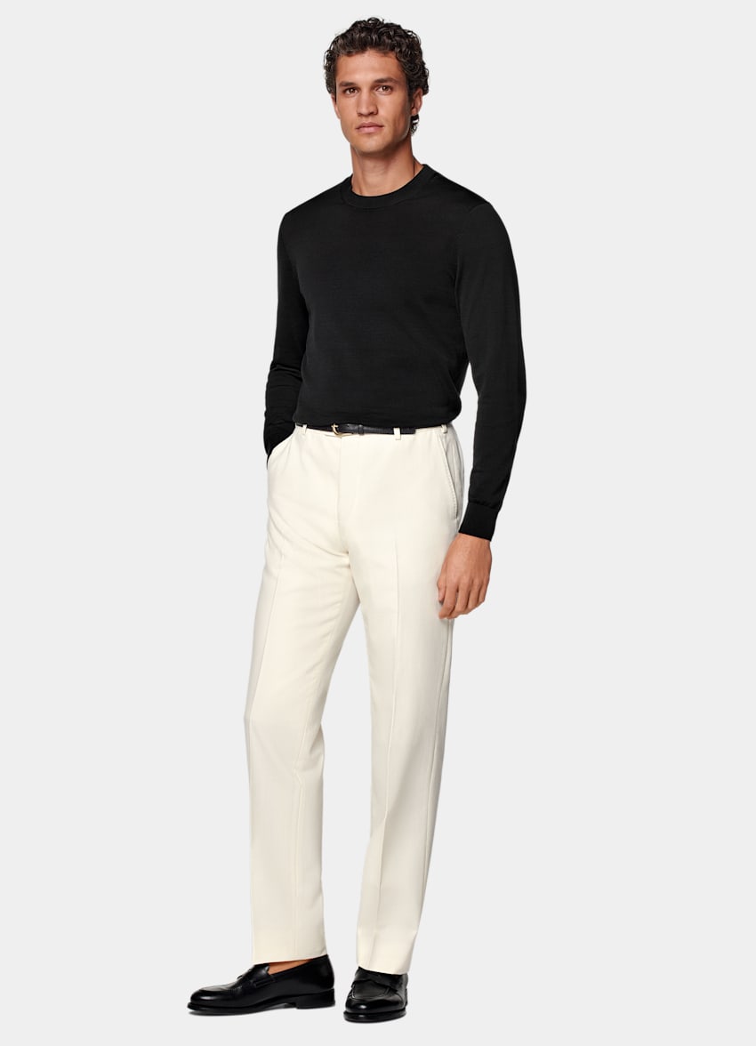 SUITSUPPLY All Season Wrinkle-Free 4-Ply Wool by Rogna, Italy Off-White Straight Leg Trousers